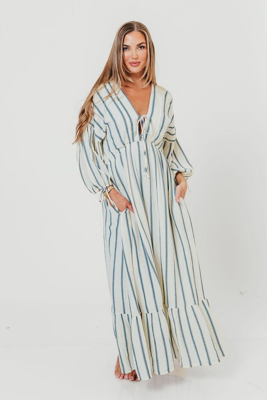 Worth Collective Hunter Navy Stripes Cotton Midi Dress Large